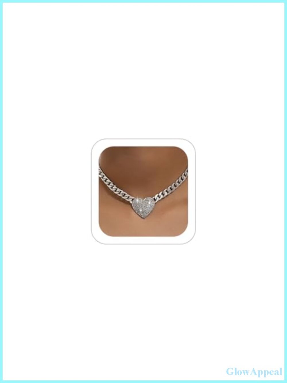 Rhinestone Heart Necklace Cuban Link Chain Choker Pendant for Women